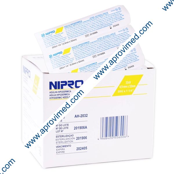 AGUJA HIPODÉRMICA (Nipro) 20Gx1-1/4"(32mm) Cja. c/100 Pzs.