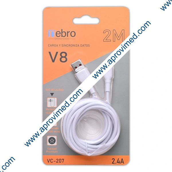 CABLE Eda. USB 2.4A / Sda. V8 / 2.0 Mts. Mod. VC-207 Col. Blanco.