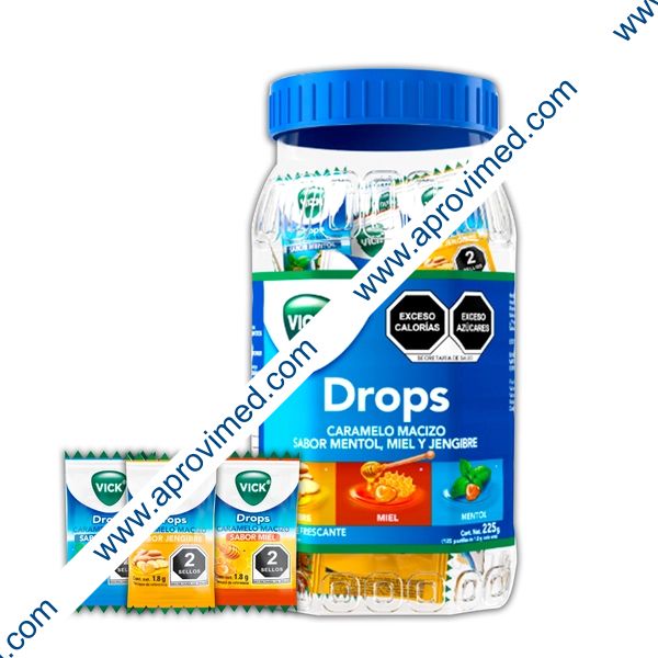 VICK DROPS Sabs. Mentol, Miel y Jengibre Vitrolero c/125 PASTILLAS 1.8 G.