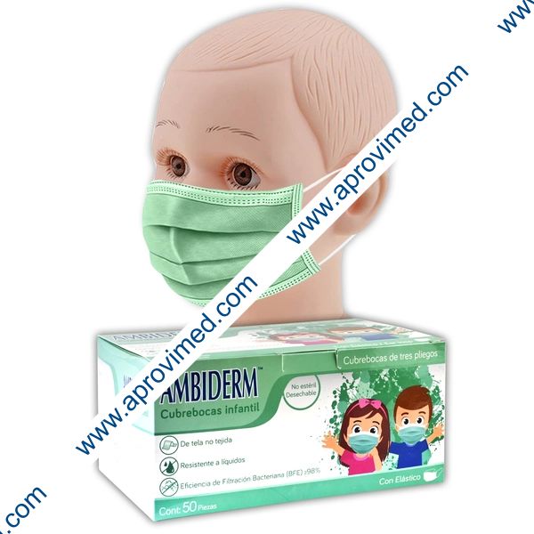 CUBREBOCAS INFANTIL DCHBLE. 3 PLIEGUES Col. Verde (Ambiderm) Cja. c/50 Pzs.