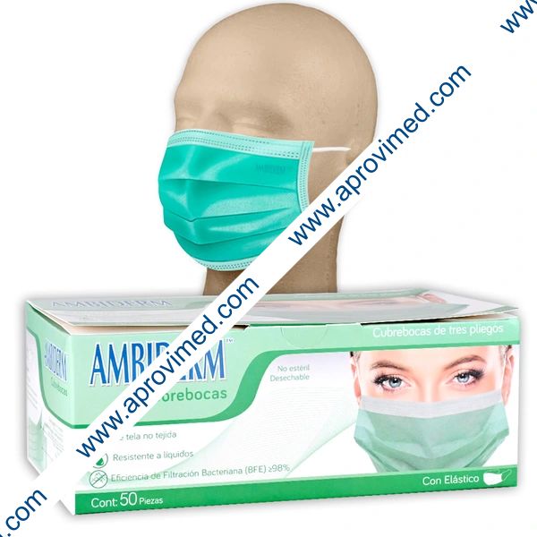 CUBREBOCAS ADULTO DCHBLE. 3 PLIEGUES Col. Verde (Ambiderm) Cja. c/50 Pzs.