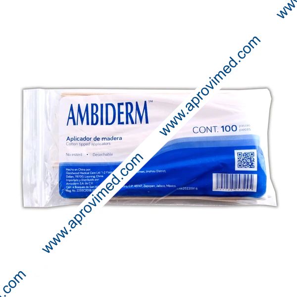 APLICADOR de MADERA c/PUNTA DE ALGODÓN (Ambiderm) 15cm. Bolsa c/100 Pzs.