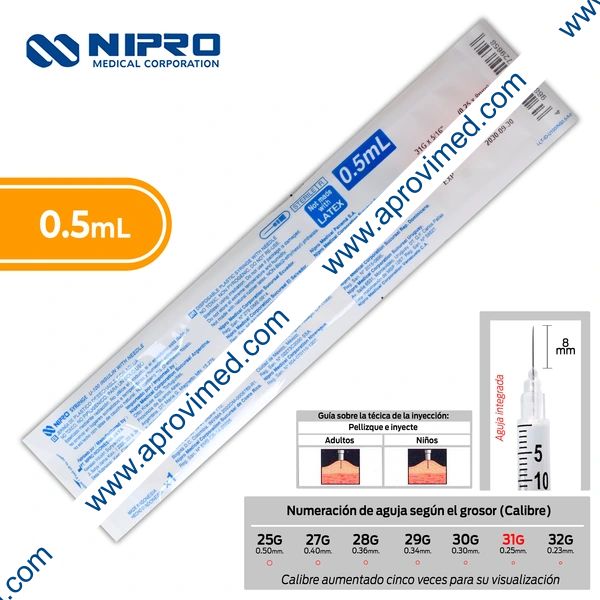 JERINGA  0.5mL. (Nipro) Insulina c/AGUJA INTEGRADA 31Gx8mm. c/1 Pza.