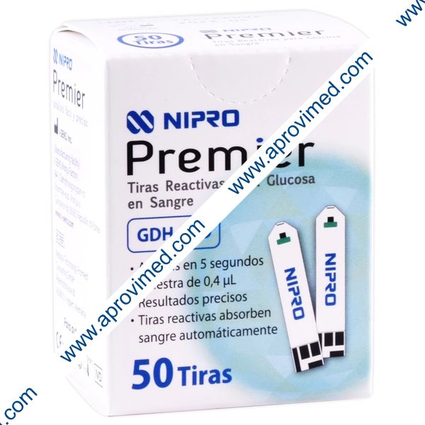 NIPRO PREMIER TIRAS REACTIVAS p/GLUCOSA c/50 Pzs.