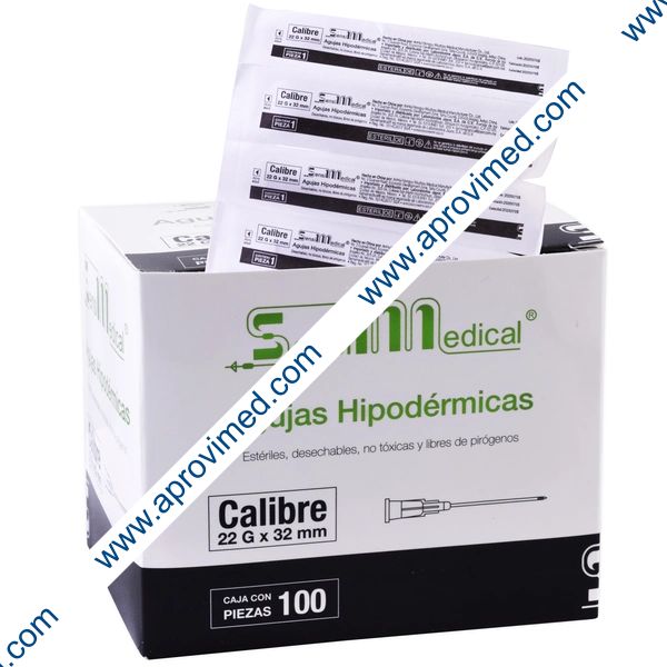 AGUJA HIPODERMICA (Sensimedical) 22Gx1-1/4"(32mm) Cja. c/100 Pzs.