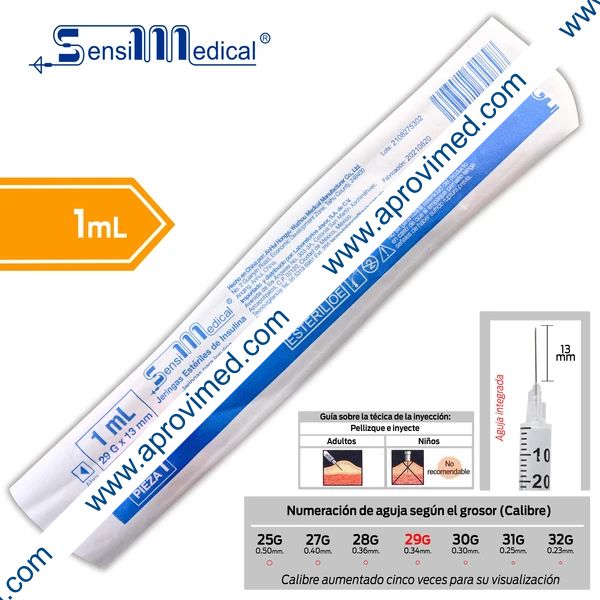 JERINGA  1mL. (SensiMedical) Insulina c/AGUJA INTEGRADA 29Gx13mm. c/1 Pza.