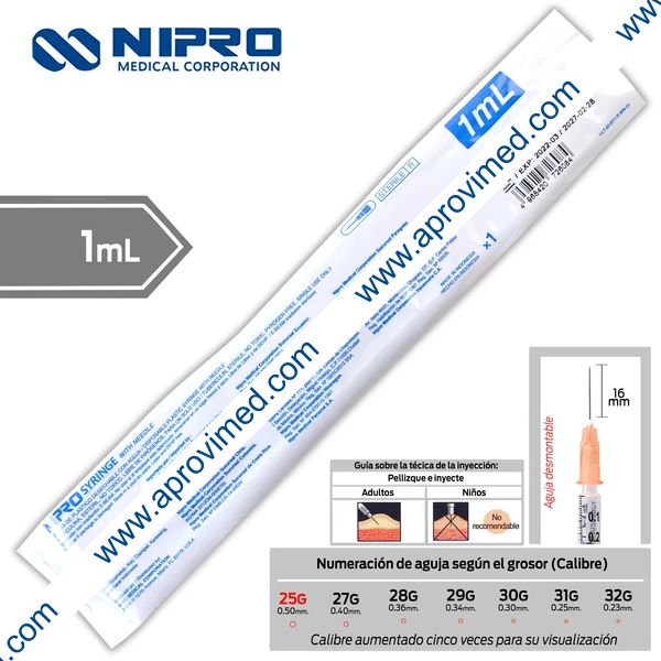 JERINGA  1mL. (Nipro) Tuberculina c/AGUJA DESMONTABLE 25Gx16mm. c/1 Pza.
