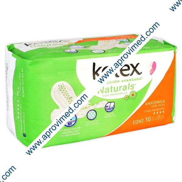 KOTEX NATURALS c/MANZANILLA c/ALAS Flujo Abundante c/10 Toallas.