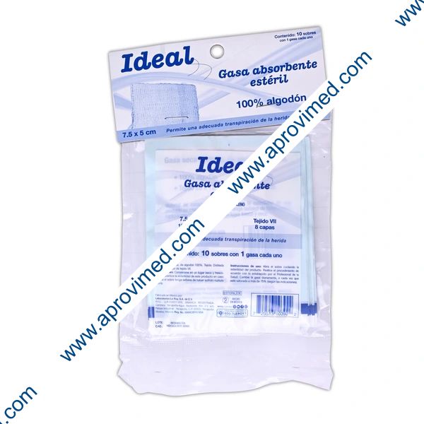 GASA ABSORBENTE Estéril (Ideal)  7.5x5cm. T20x12, 8C. Bolsa c/10 Sobs.