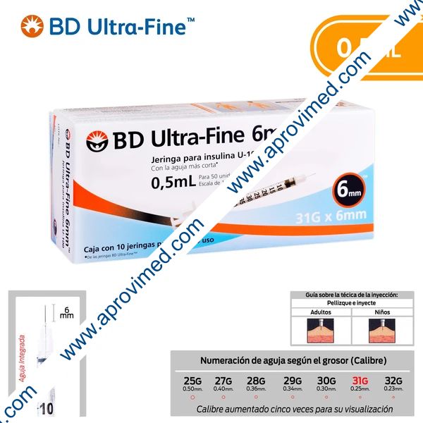 JERINGA  0.5mL. (BD U-Fine) Insulina c/AGUJA INTEGRADA 31Gx6mm. c/10 Pzs.