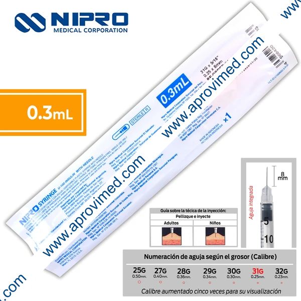 JERINGA  0.3mL. (Nipro) Insulina c/AGUJA INTEGRADA 31Gx8mm. c/1 Pza.