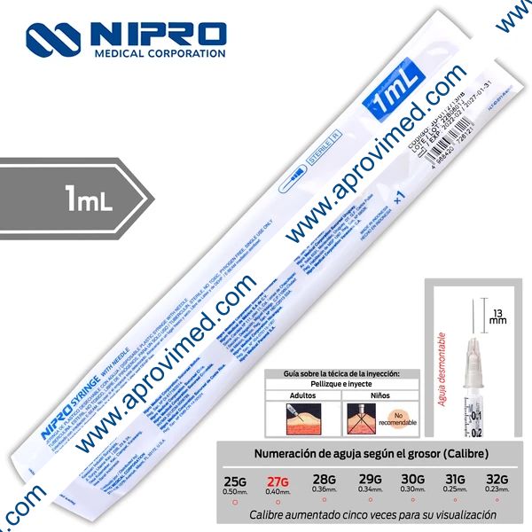 JERINGA  1mL. (Nipro) Tuberculina c/AGUJA DESMONTABLE 27Gx13mm. c/1 Pza.