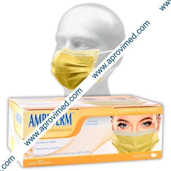 CUBREBOCAS ADULTO DCHBLE. 3 PLIEGUES Col. Amarillo (Ambiderm) Cja. c/50 Pzs.