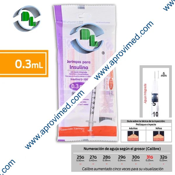 JERINGA  0.3mL. (DL) Insulina c/AGUJA INTEGRADA 31Gx6mm. c/ 5 Pzs.