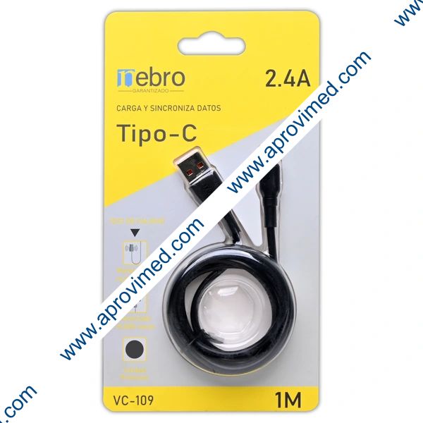 CABLE Eda. USB 2.4A / Sda. Tipo-C / 1.0 Mts. Mod. VC-109 Col. Negro.