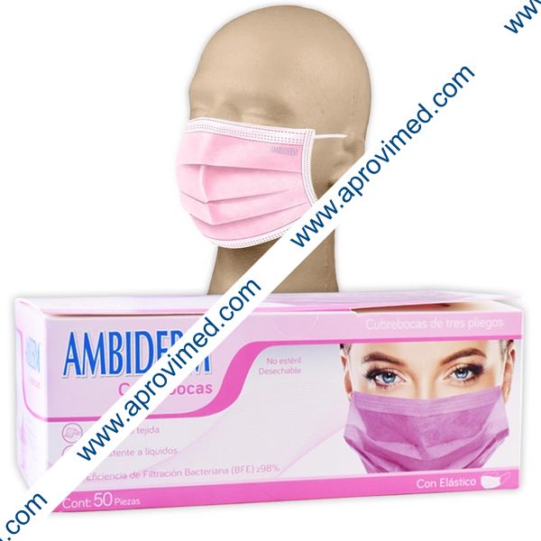 CUBREBOCAS ADULTO DCHBLE. 3 PLIEGUES Col. Rosa (Ambiderm) Cja. c/50 Pzs.