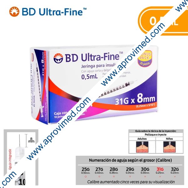 JERINGA  0.5mL. (BD U-Fine) Insulina c/AGUJA INTEGRADA 31Gx8mm. c/30 Pzs.