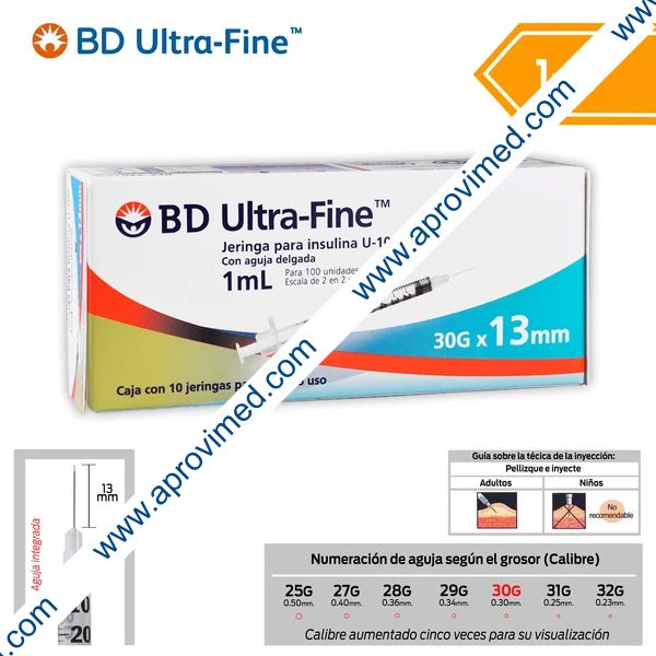 JERINGA  1mL. (BD U-Fine) Insulina c/AGUJA INTEGRADA 30Gx12.7mm. c/10 Pzs.