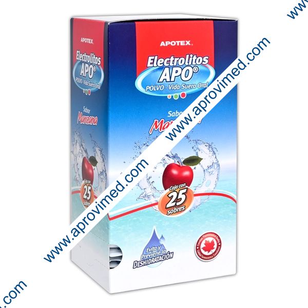 ELECTROLITOS APO POLVO Sab. MANZANA EXHIB. c/25 SOBS. 28.3 G. p/1 L.