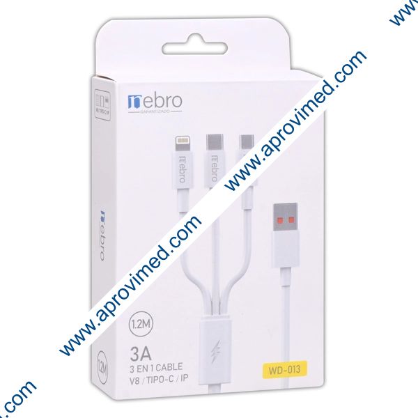 CABLE 3 EN 1 Eda. USB 3 A / Sda. V8, Tipo-C, iPhone / 1.2 Mts. Mod. WD-013.
