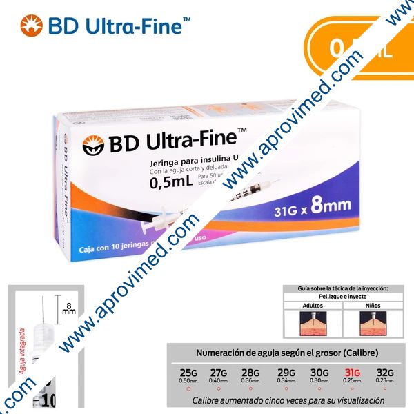 JERINGA  0.5mL. (BD U-Fine) Insulina c/AGUJA INTEGRADA 31Gx8mm. c/10 Pzs.