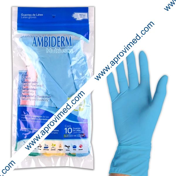 AMBIDERM MULTIUSOS GUANTE LÁTEX Multicolor No Estéril U.T. Bolsa c/10 Pzs.