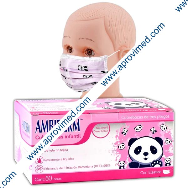 CUBREBOCAS INFANTIL DCHBLE. 3 PLIEGUES Col. Rosa/Figs. (Ambiderm) Cja. c/50 Pzs.