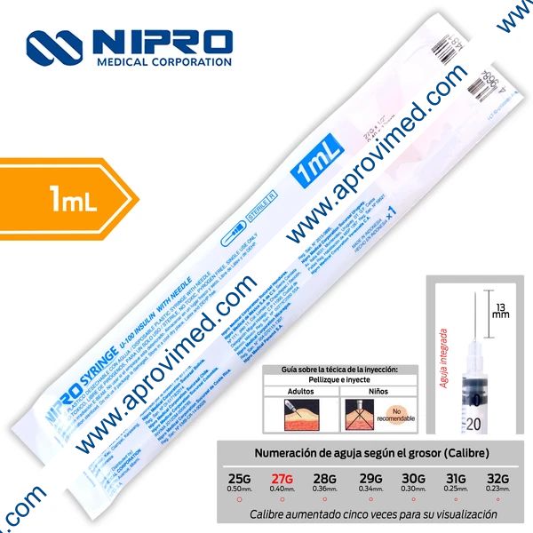 JERINGA  1mL. (Nipro) Insulina c/AGUJA INTEGRADA 27Gx13mm. c/1 Pza.