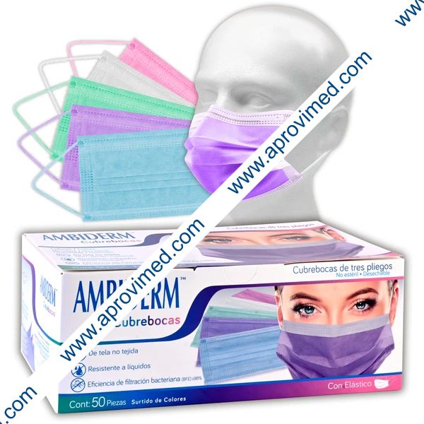 CUBREBOCAS ADULTO DCHBLE. 3 PLIEGUES Cols. Surtidos (Ambiderm) Cja. c/50 Pzs.