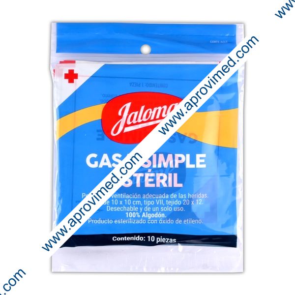 GASA SIMPLE ESTÉRIL (Jaloma) 10x10cm. T20x12, 8C. Bolsa c/10 Sobs.