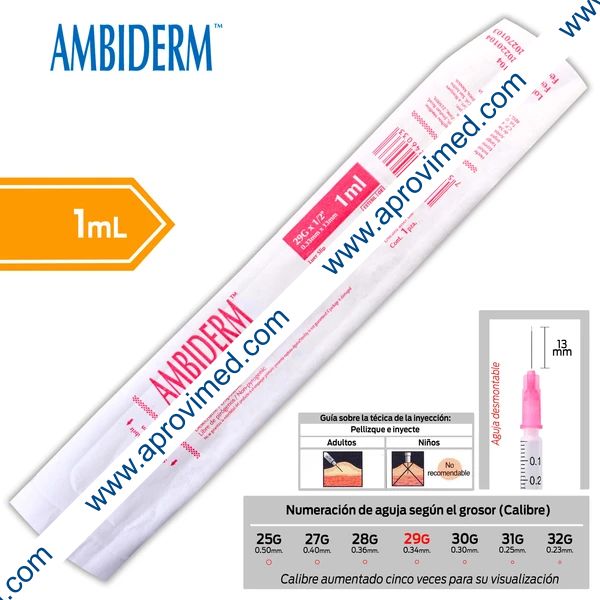 JERINGA  1mL. (Ambiderm) Insulina c/AGUJA DESMONTABLE 29Gx13mm. c/1 Pza.