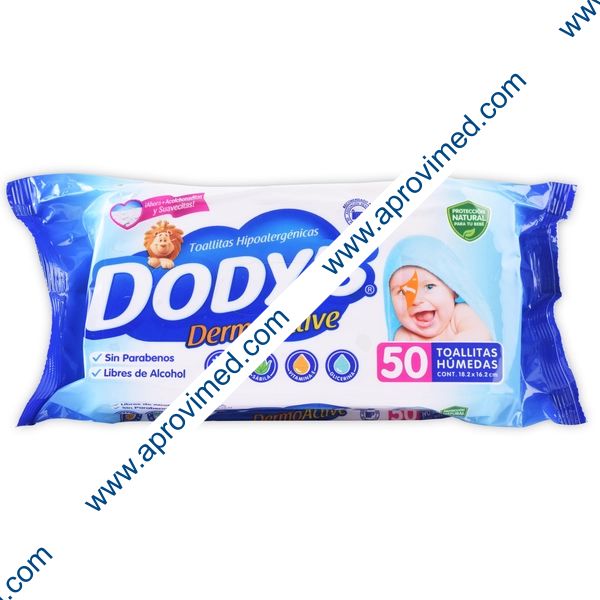 DODYS DERMO ACTIVE (Azul) Toallitas Húmedas 18.2x16.2cm. Paq. c/ 50 Pzs.