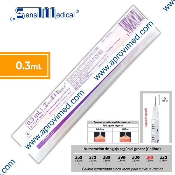 JERINGA  0.3mL. (SensiMedical) Insulina c/AGUJA INTEGRADA 31Gx6mm. c/1 Pza.