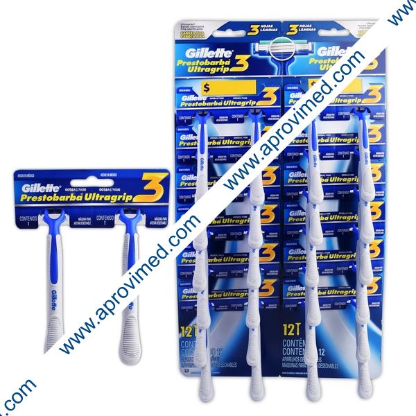 GILLETTE PRESTOBARBA-3 ULTRAGRIP Desechable Exhib. c/12x2 Pzs.