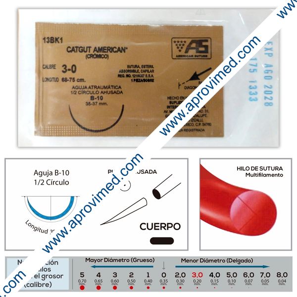 CATGUT CRÓMICO (American) Cal. 3-0/L: 68-75cm/Aguja B-10 Sob. c/1 Pza.