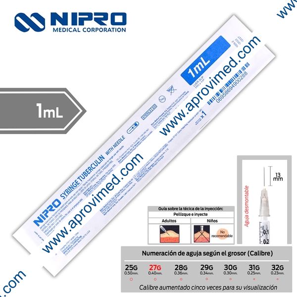 JERINGA  1mL. (Nipro) Tuberculina c/AGUJA DESMONTABLE 27Gx13mm. c/1 Pza.