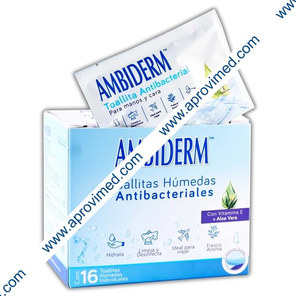 TOALLITAS HÚMEDAS ANTIBACTERIALES (Ambiderm) Caja c/16 Pzs.