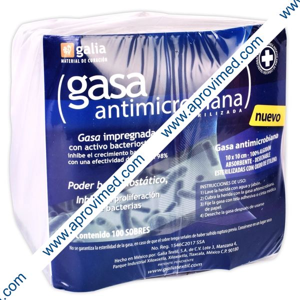 GASA ANTIMICROBIANA (Galia) Estéril 10x10cm. Paq. c/100 Sobs.