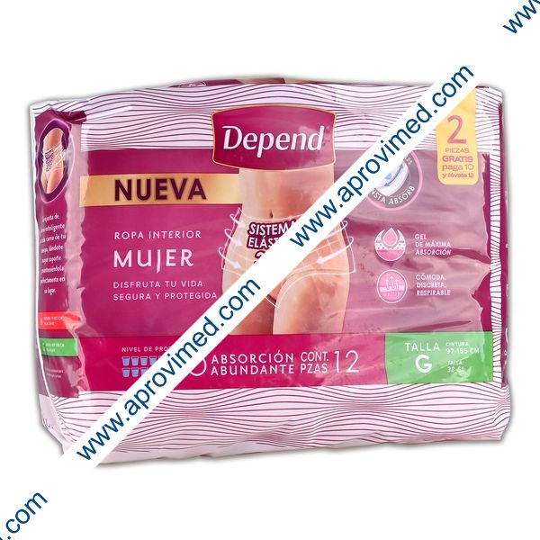 DEPEND ROPA INTERIOR Mujer GDE. (Talla 38-61 / Cintura 97-155cm) c/10+2 Pzs.