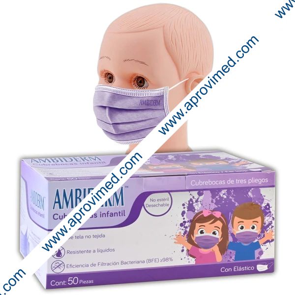 CUBREBOCAS INFANTIL DCHBLE. 3 PLIEGUES Col. Violeta (Ambiderm) Cja. c/50 Pzs.