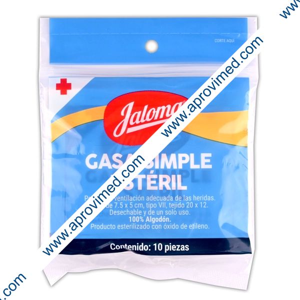 GASA SIMPLE ESTÉRIL (Jaloma)  7.5x5cm. T20x12, 8C. Bolsa c/10 Sobs.