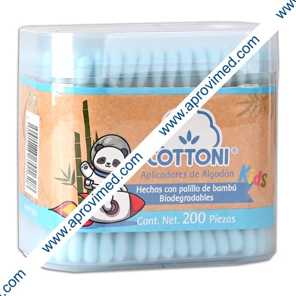 APLICADORES DE ALGODÓN Kids BIODEGRADABLES (Cottoni) Col. Azul Tarro c/200 Pzs.