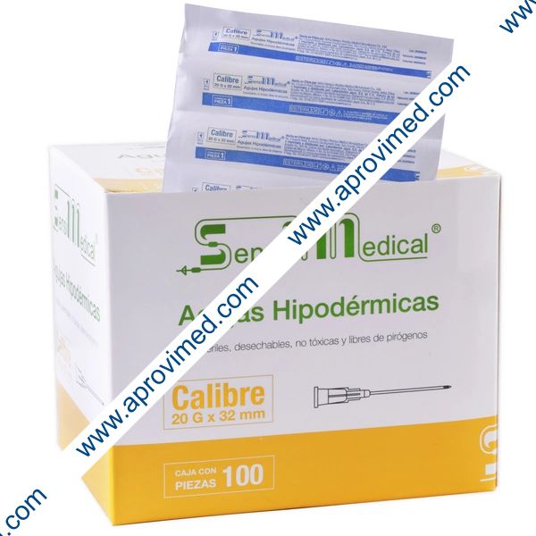AGUJA HIPODÉRMICA (SensiMedical) 20Gx1-1/4"(32mm) Cja. c/100 Pzs.