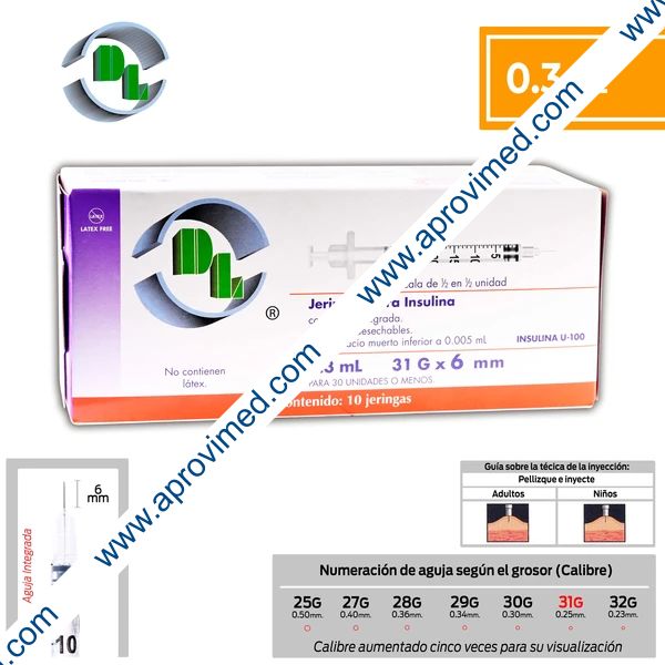 JERINGA  0.3mL. (DL) Insulina c/AGUJA INTEGRADA 31Gx6mm. c/10 Pzs.