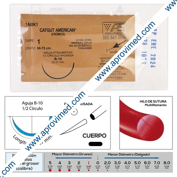 CATGUT CRÓMICO (American) Cal.  1/L: 68-75cm/Aguja B-10 Sob. c/1 Pza.