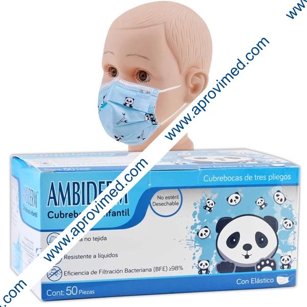 CUBREBOCAS INFANTIL DCHBLE. 3 PLIEGUES Col. Azul/Figs. (Ambiderm) Cja. c/50 Pzs.