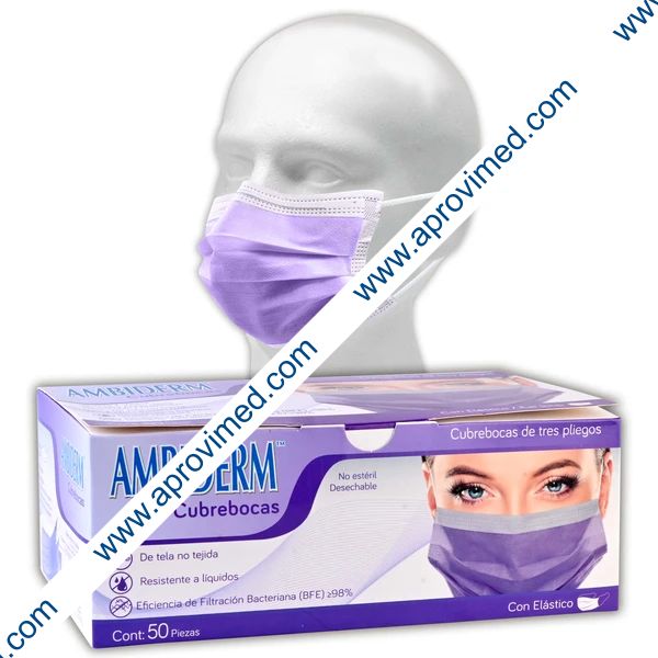 CUBREBOCAS ADULTO DCHBLE. 3 PLIEGUES Col. Violeta (Ambiderm) Cja. c/50 Pzs.