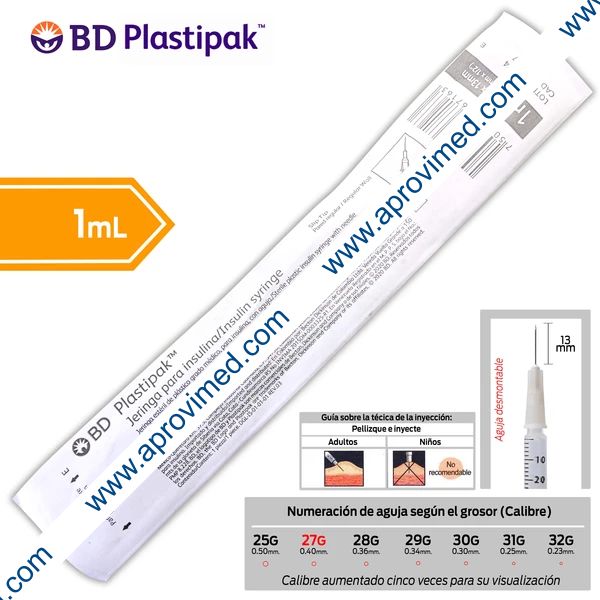 JERINGA  1mL. (BD U-Fine) Insulina c/AGUJA DESMONTABLE 27Gx13mm. c/1 Pza.