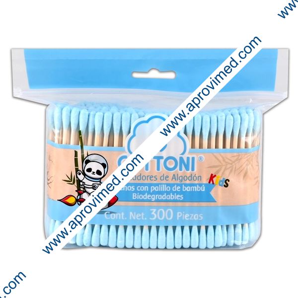 APLICADORES DE ALGODÓN Kids BIODEGRADABLES (Cottoni) Col. Azul Bolsa c/300 Pzs.