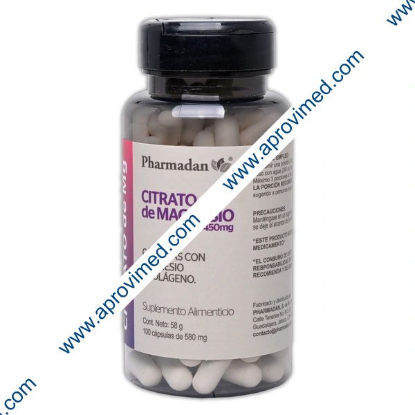 CITRATO DE MAGNESIO (Pharmadan) Fco. c/100 CAPS. 580 MG.